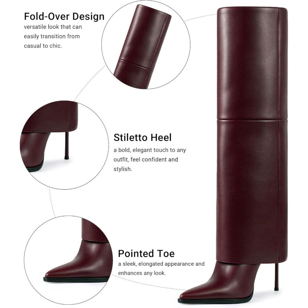 Women’s Fashion Fall Winter Burgundy Fold Over Pointed Toe Knee High Heel Boots - Picture 9 of 9